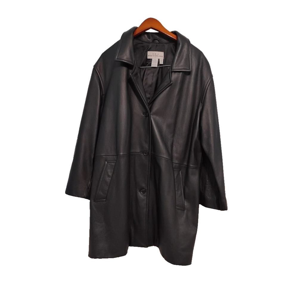 Eddie Bauer genuine leather Long Trench Leather Jacket Coat Black Women’s Sz XL